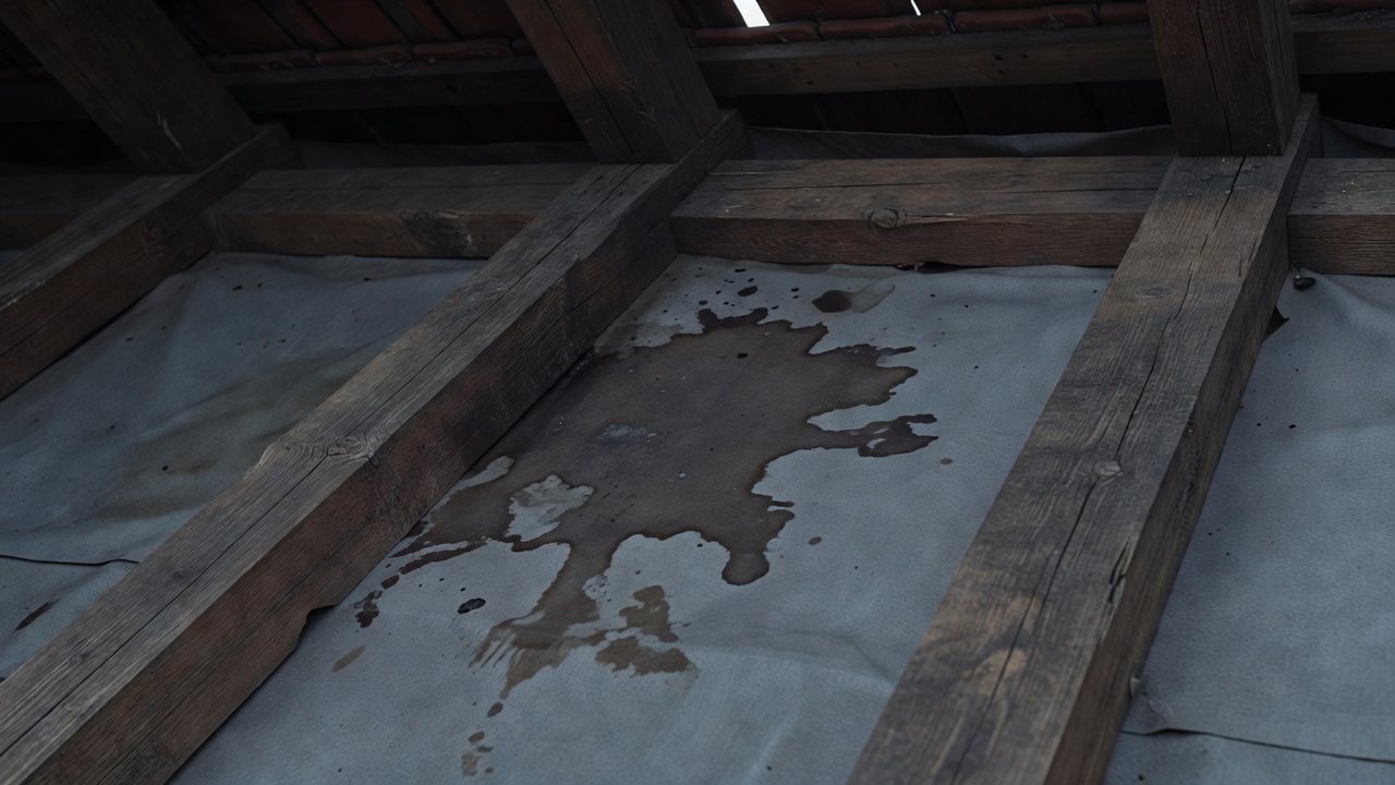 Illustrative close-up render of a roof junction with a dark moisture mark beside timber and underlay