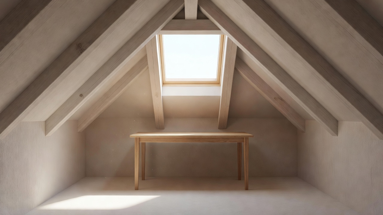 Soft-lit conceptual attic room render with daylight entering through a sloping rooflight above an uncluttered desk