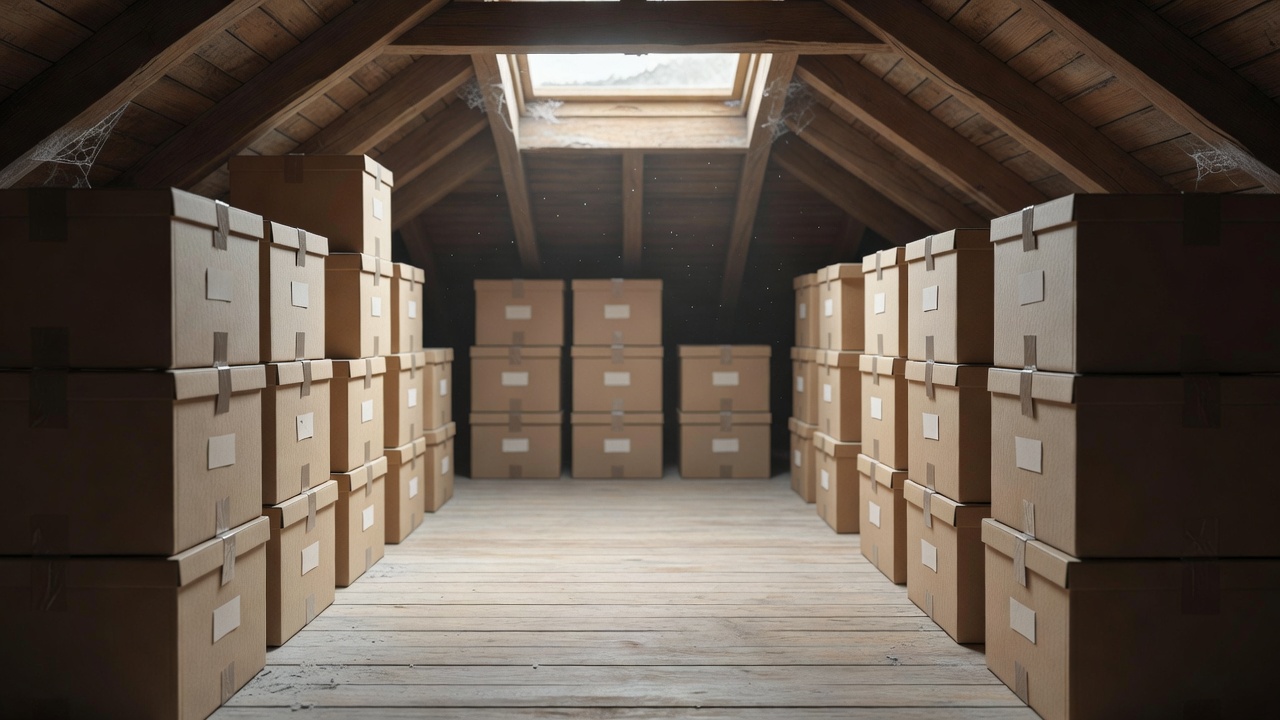 Soft-lit conceptual attic storage render with modest labelled boxes and a clear central retrieval route