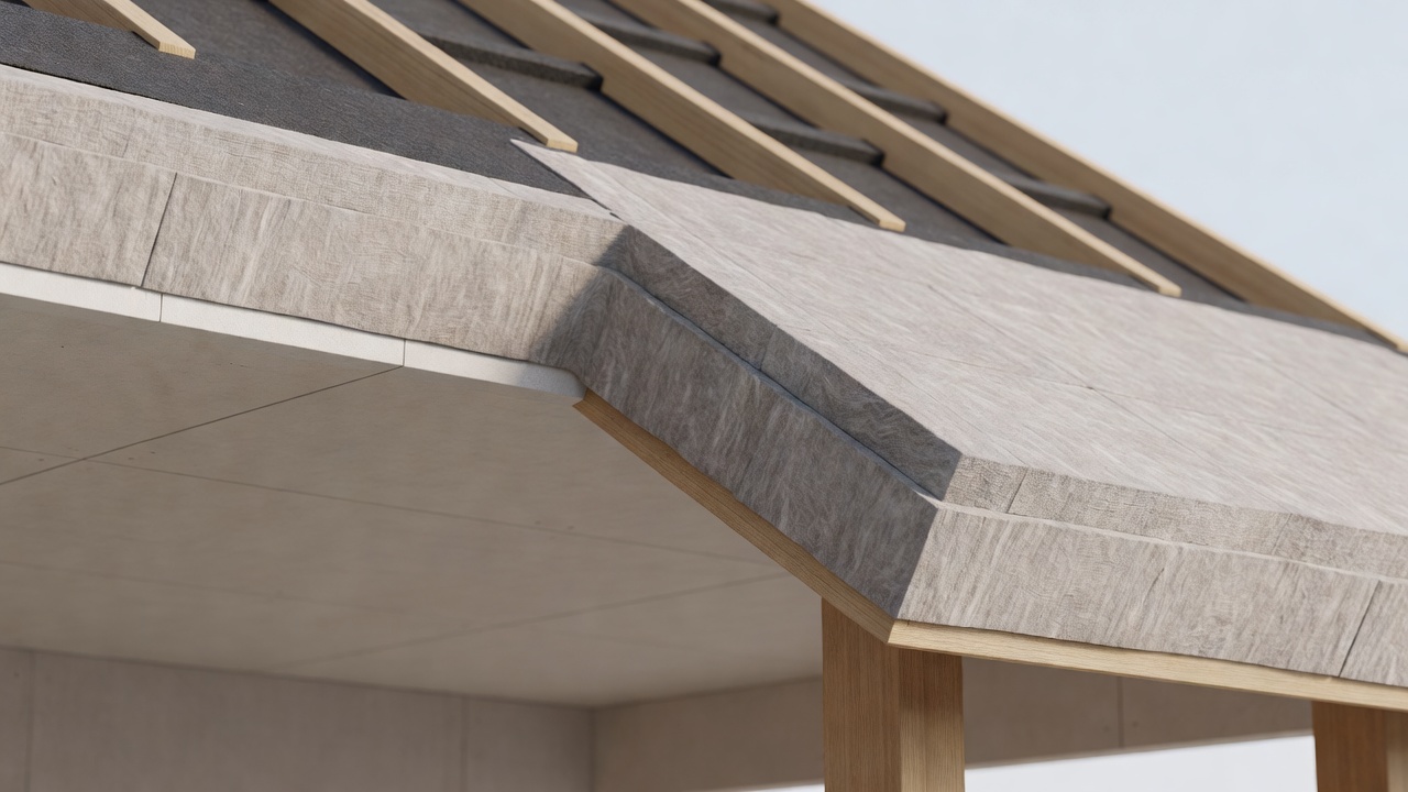 Soft-lit conceptual roof-section render showing an insulated ceiling meeting the eaves and sloping roof